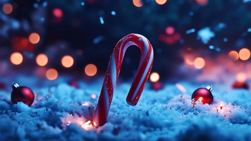 Candy cane in snow with defocused Christmas lights bokeh