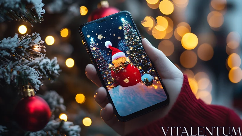 Smartphone with Santa scene amid blurred Christmas lights.