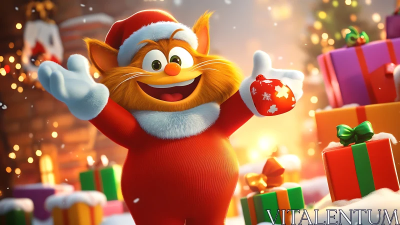 Cheerful cartoon cat in Santa suit amid gifts indoors.
