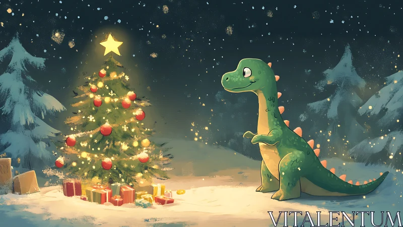 Cartoon dinosaur observing illuminated Christmas tree at night.