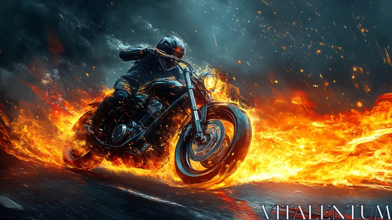 Motorcycle rider powers through blazing wall of fire.
