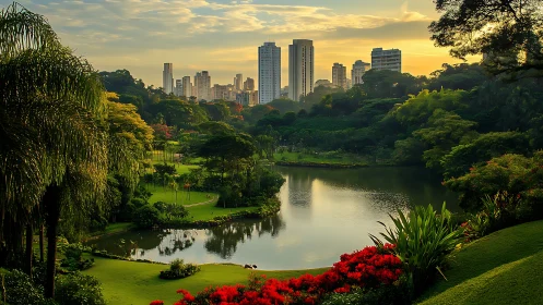 Urban skyline overlooks landscaped park with reflective lake