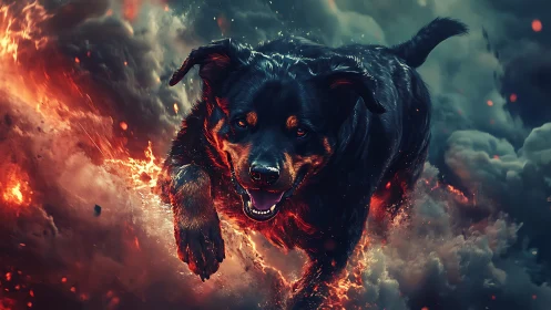 Infernal canine sprint rendered in high-contrast digital flames