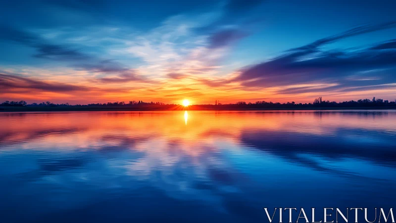 Sun aligns on horizon over still lake with mirrored clouds
