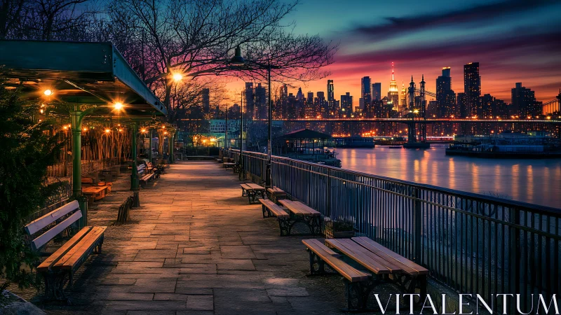 Golden riverside walkway glows softly before the city lights