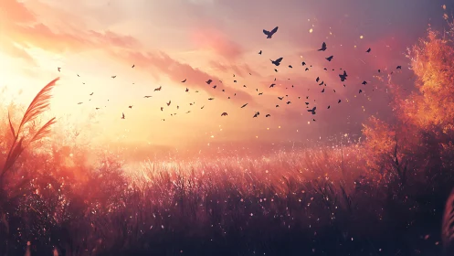 Sunset meadow glows softly as birds rise into warm light