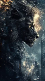 Ember-maned lion sentinel above a crumbling neon metropolis.