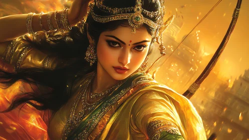 Female archer in ornate attire stands before glowing cityscape