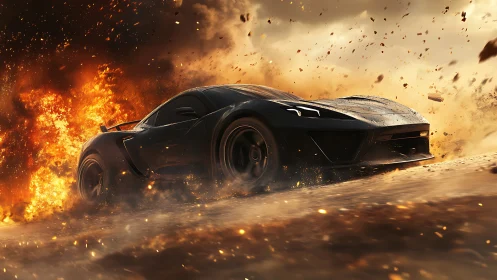 Midnight supercar blasting through cinematic firestorm.