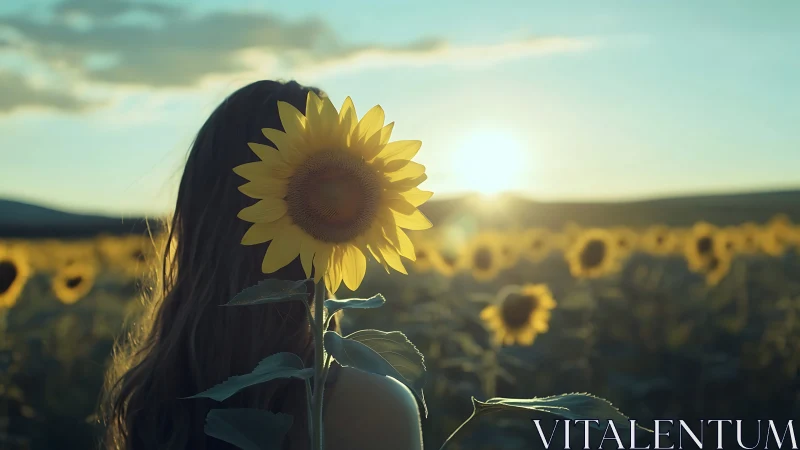 Sunlit sunflower portrait framing a serene summer sunset.