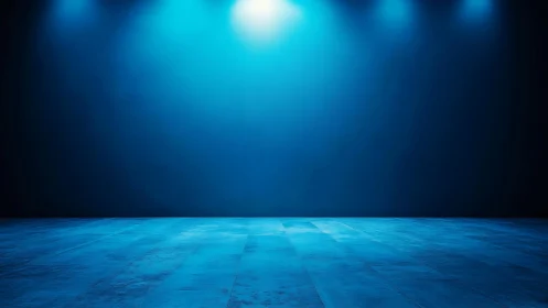 Empty blue stage with overhead spotlights and tiled floor.