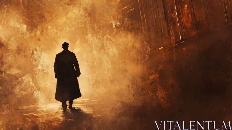 Silhouetted figure walking through intense golden flames.