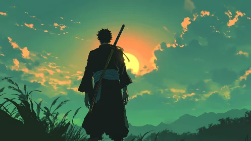 Samurai silhouette at sunset in stylized anime landscape.