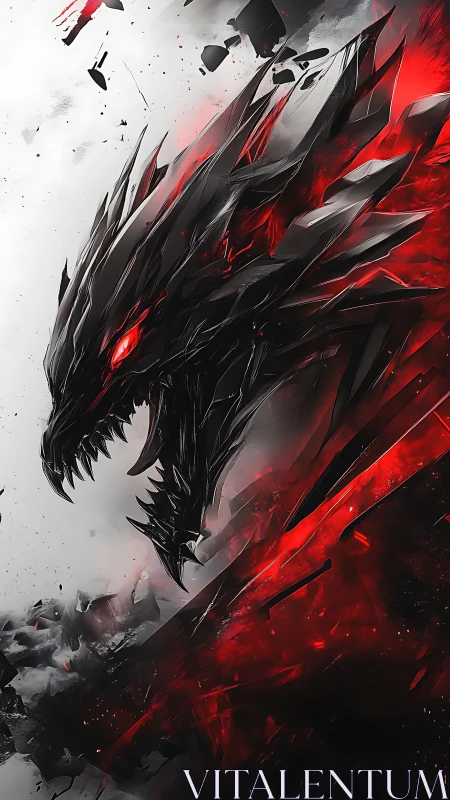 Obsidian dragon erupts through red shards and pale mist