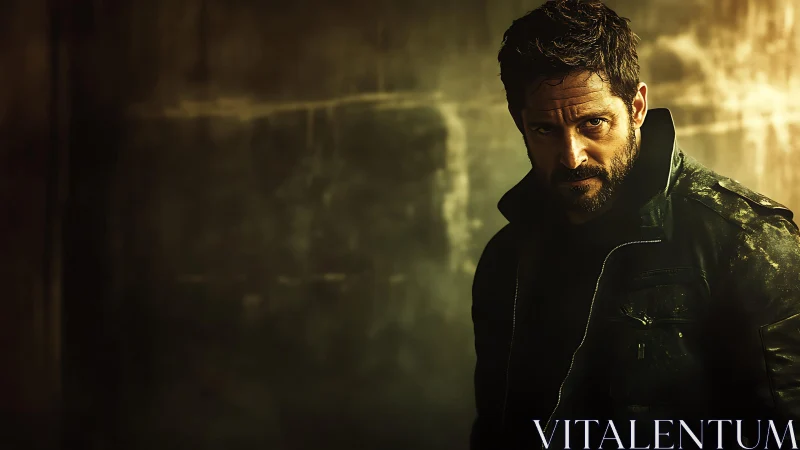 Portrait shows man in dark jacket against textured wall