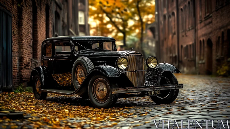 Photorealistic vintage sedan on cobbled autumn streetscape.