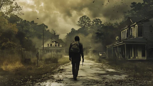 Solitary survivor traverses particulate-choked rural ruin corridor.