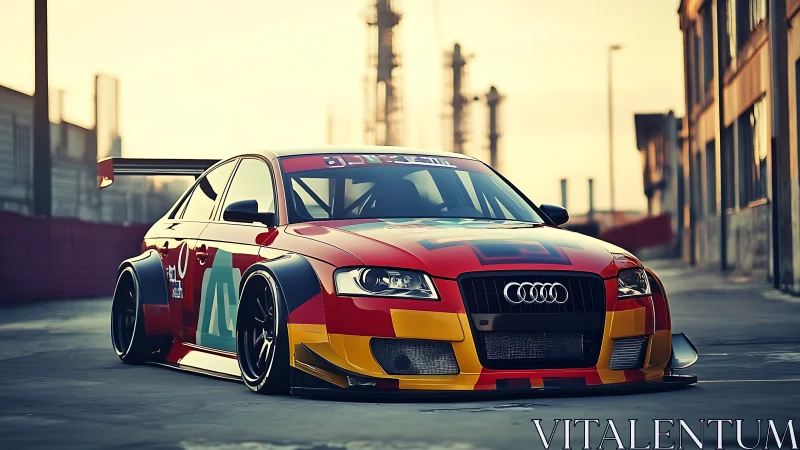 Colorful race-tuned Audi glows in golden industrial light