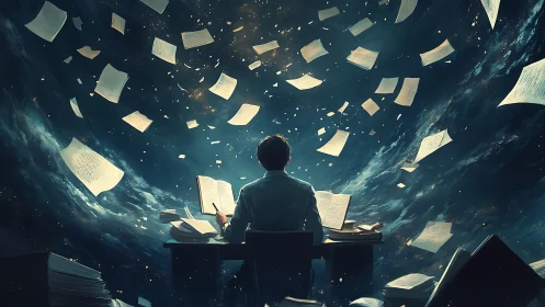 Solitary researcher amid vortex of illuminated narrative pages.