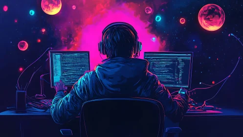 Neon coder monitors glow against cosmic planetary sky.