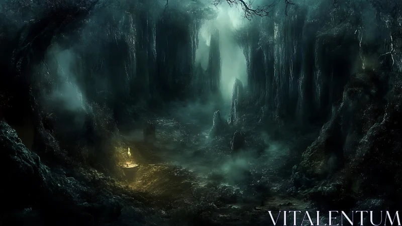 Lonely lantern glow guiding a path through a misty cavern.