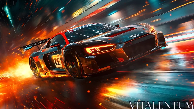 Sleek Audi race car slices through neon night speedway flames