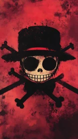 Grunge-styled skull emblem with hat and crossed bones motif.