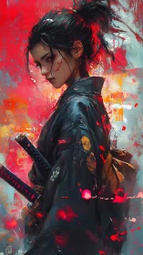 Defiant female samurai stands against vivid abstract red storm
