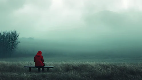 Solitary figure in red coat on foggy moorland bench.