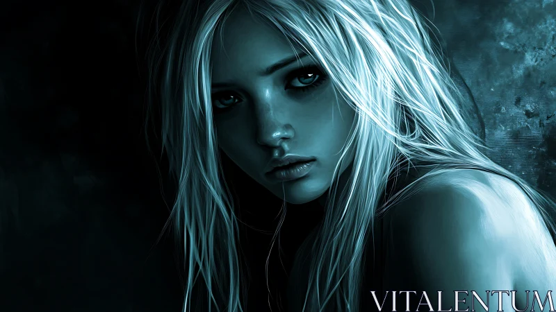 Moonlit blue siren with electric hair and haunted gaze.