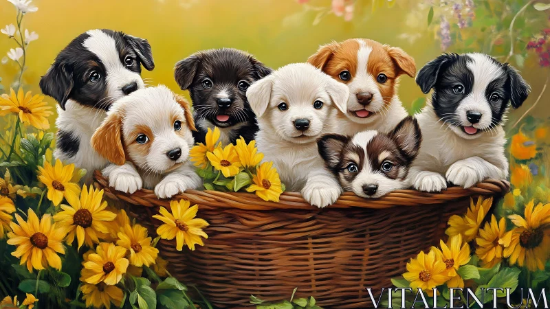 Group of puppies sits in a basket surrounded by yellow flowers