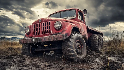Red off road truck in muddy rural field under storm clouds.