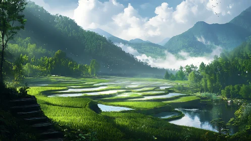 Lush terraced rice fields under misty mountain light.