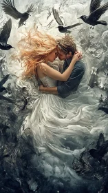 Ethereal Romantic Embrace: Luminous Figures Amid Abstracted Atmospheric.