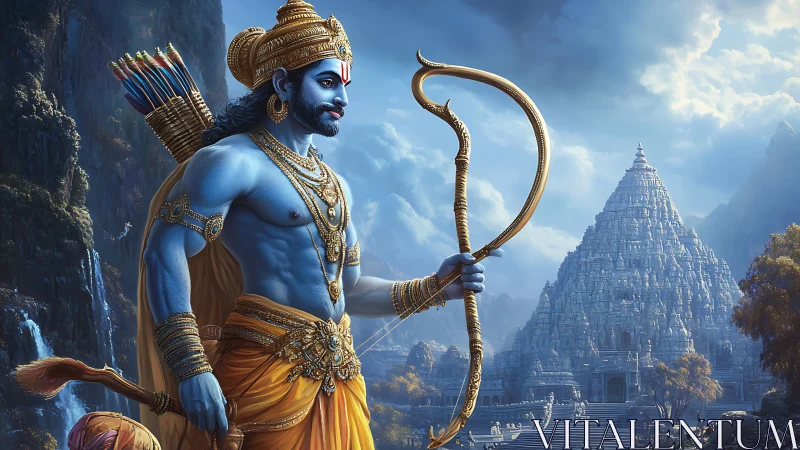 Blue-skinned archer deity before ornate stone temple complex.