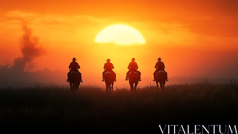 Cowboy riders silhouetted at sunset on prairie horizon