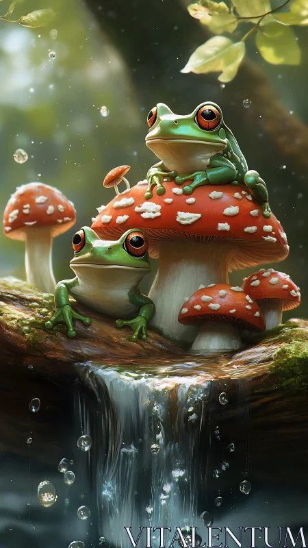 Tree frogs rest on red mushrooms above a sparkling forest fall