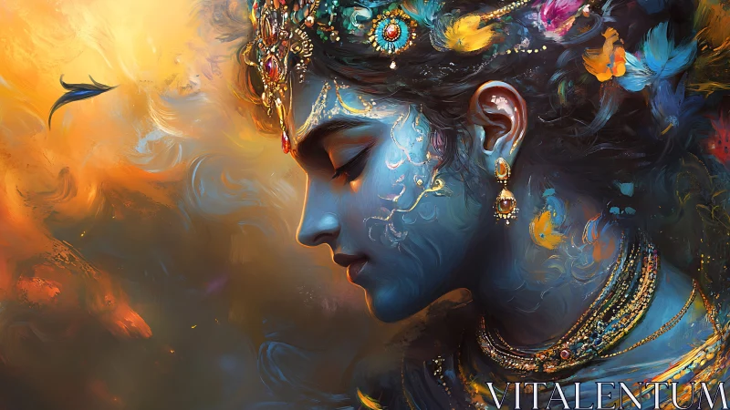 Gentle blue goddess in glowing sunset colors and jewels.