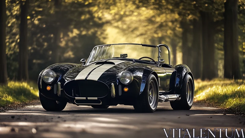 Classic black roadster parked on forest lane at sunset.