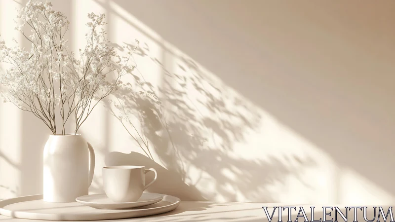 Soft directional lighting models ceramic vase, cup and shadows