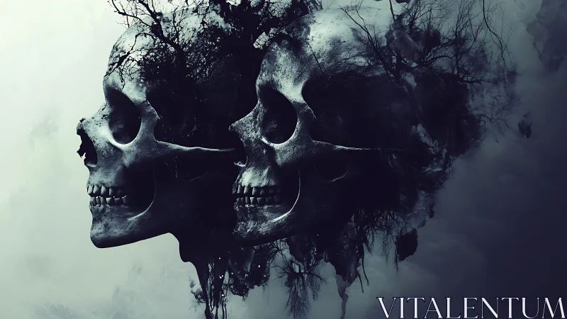 Dual human skulls merged with abstract dark ink forms.
