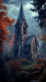 Gothic stone chapel tower in misty autumn forest clearing