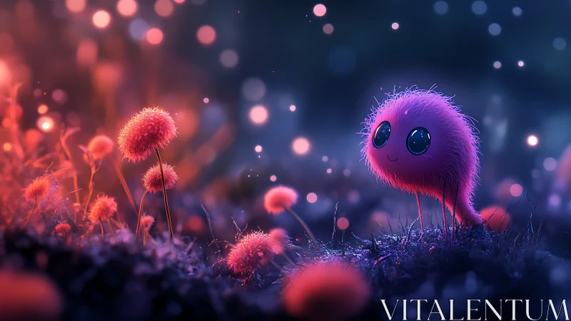 Fluffy dusk wanderer trades starlit glances with glowing blooms