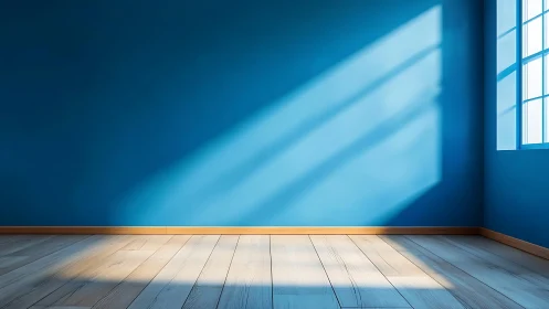 Sunlit blue interior wall renders geometric light patterns