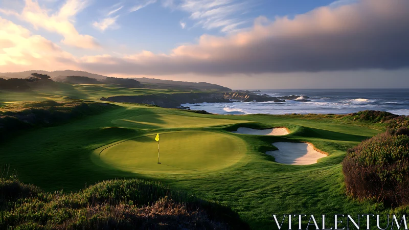 Oceanfront golf green glows in soft coastal sunset light.