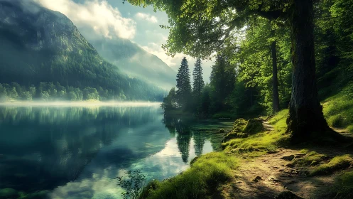 Misty Alpine Lake Nestled Among Towering Mountain Peaks.