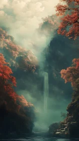 Misty autumn waterfall welcomes quiet wandering hearts