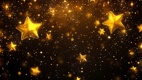 Gold five-pointed star shapes float on dark glitter field