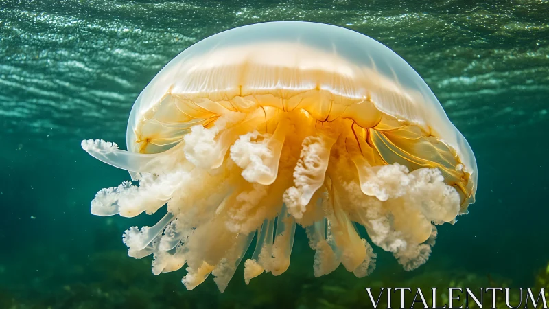 Luminous jellyfish drifting in sunlit green seawater depths.