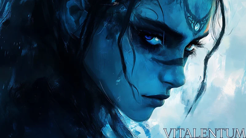 Mystic blue warrior portrait in expressive digital brushwork.